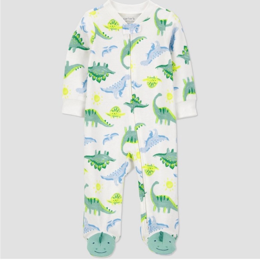 Carter's White Footie with Green and Blue Dinosaurs